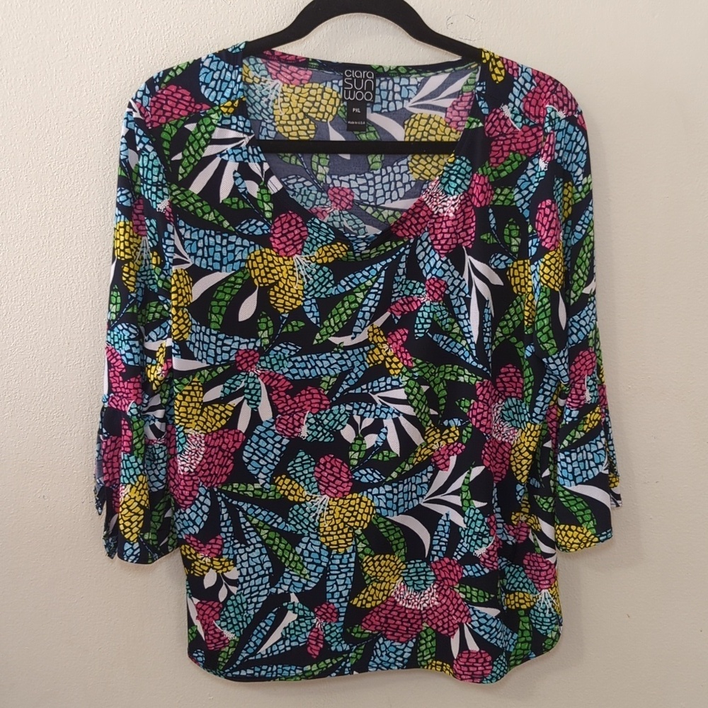 Clara Sunwoo Colorful Blouse 3/4 Bell Sleeve Tropical Slinky Women's Size PXL